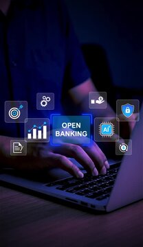 Open banking financial technology fintech concept. businessman use laptop with virtual screen of open banking icon. api financial technology, fintech.