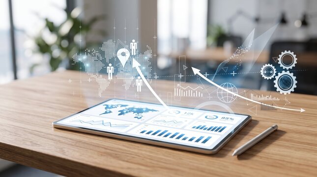 Digital tablet on wooden desk displaying global business analytics with holographic charts and world map overlay, symbolizing corporate growth, financial strategy