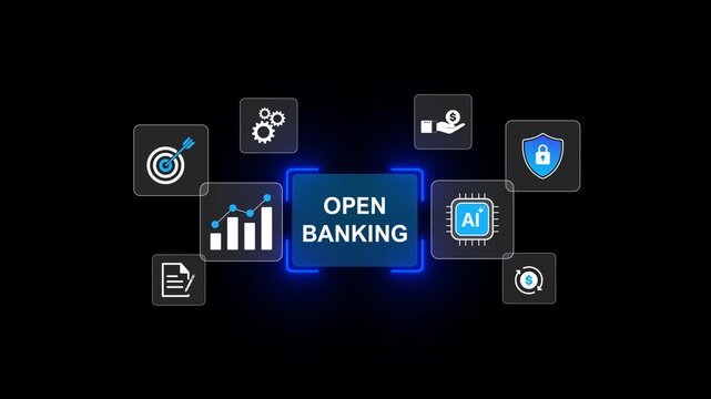 Open banking financial technology fintech concept. businessman use laptop with virtual screen of open banking icon. api financial technology, fintech.