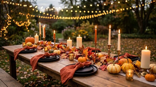 Outdoor evening dining table set for a festive harvest celebration with pumpkins, autumn leaves, candles, and string lights creating a magical ambiance.