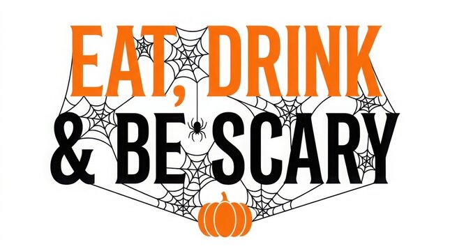 Eat drink and be scary halloween quote poster with pumpkin and spider web typography vector illustration