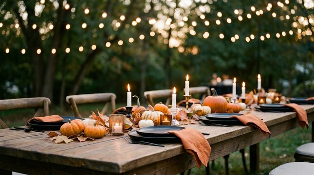 Charming outdoor evening table setting for a fall harvest gathering featuring pumpkins, autumn leaves, lit candles, and decorative string lights.