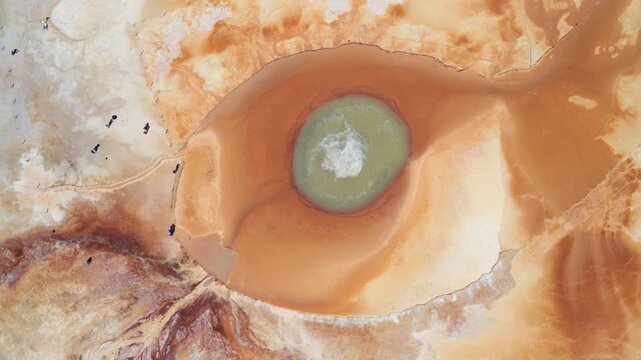 Aerial View of Aikeng Spring "Eye of the Devil" in Mangya, Qinghai: Geothermal Spring, Eye of the Earth, Sulfur Crust and Desert Landscape