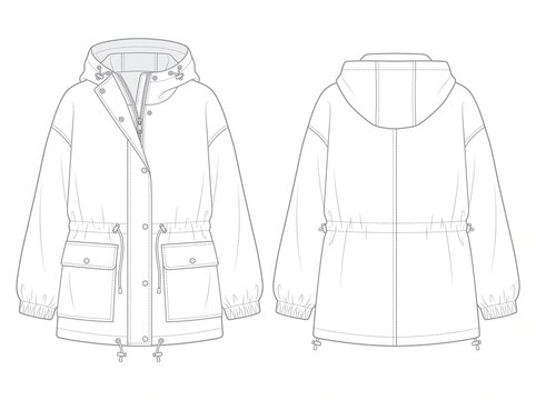 Women Hooded Parka Jacket Technical Flat Sketch Front and Back View Vector Technical Drawing Design Mockup Template