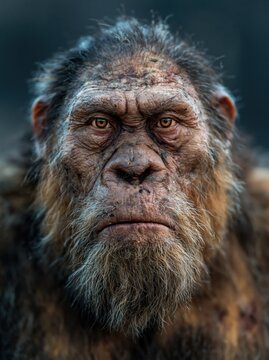 Detailed portrait of a primitive hominid with a stern gaze