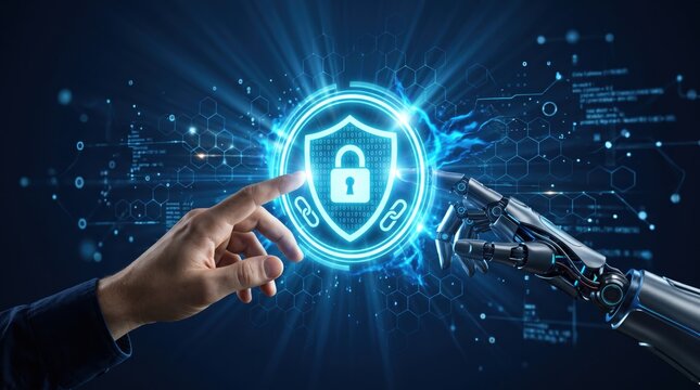 Human hand touching digital shield icon with robotic arm, cybersecurity, artificial intelligence and data protection, futuristic technology with binary code, secure network