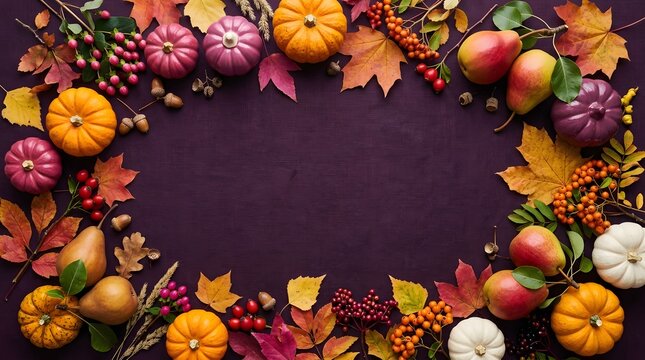 Autumn harvest wreath with pumpkins, gourds, and fall leaves on dark background