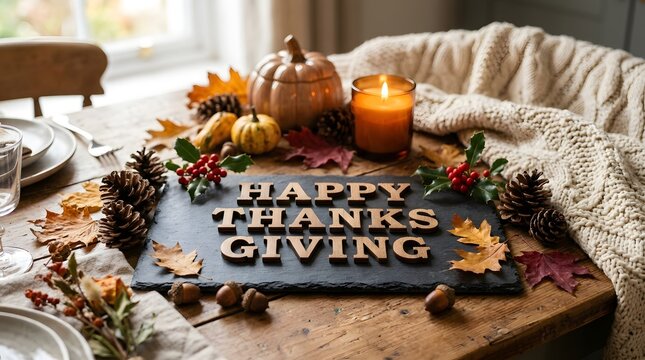 Happy Thanksgiving dining table setting with pumpkin, candles, and festive autumn decor