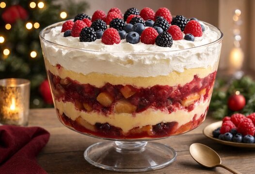 Layered berry trifle dessert in glass with Christmas tree background