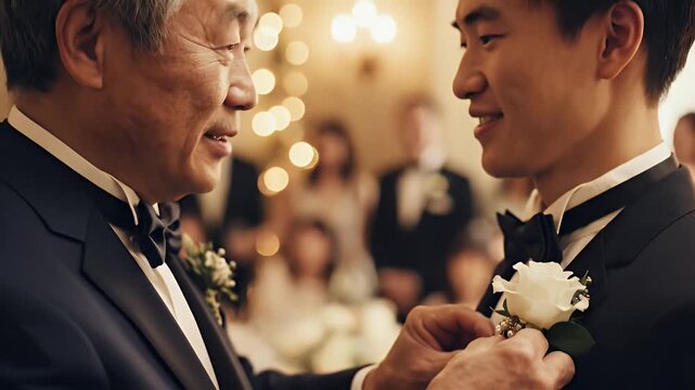 Grooming the Groom: Close-up of boutonniere being pinned onto a tuxedo lapel at a wedding ceremony