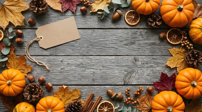 Autumn harvest pumpkins and gourds arranged on rustic wooden table for fall decoration