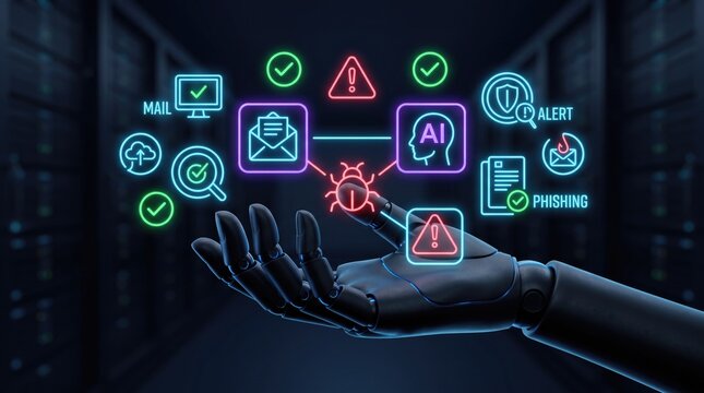 Cybersecurity AI protection icons over robotic hand, digital network security and phishing alert, artificial intelligence data safety