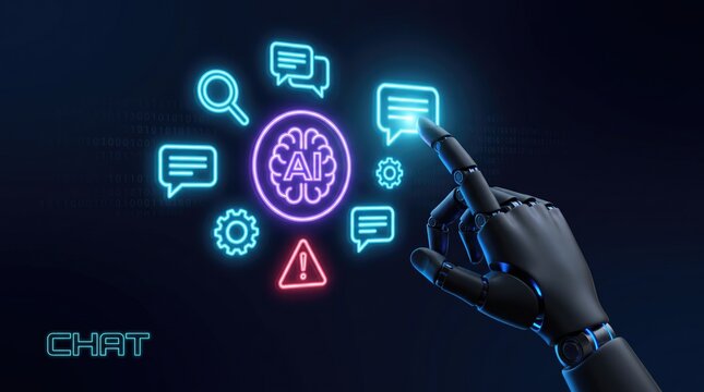 Artificial intelligence neon brain concept, robotic hand touching AI chat interface, futuristic digital communication technology