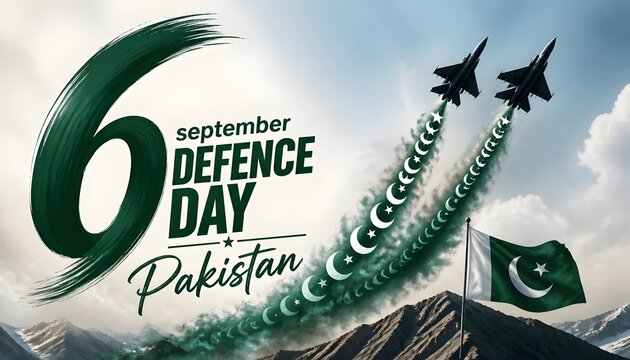 Pakistan Defence Day 6 September Calligraphic Poster with Fighter Jets and Waving National Flag