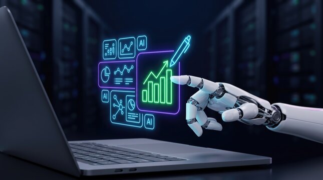 Futuristic AI robot hand touching digital financial growth charts, robotic arm analyzing business data on laptop in server room