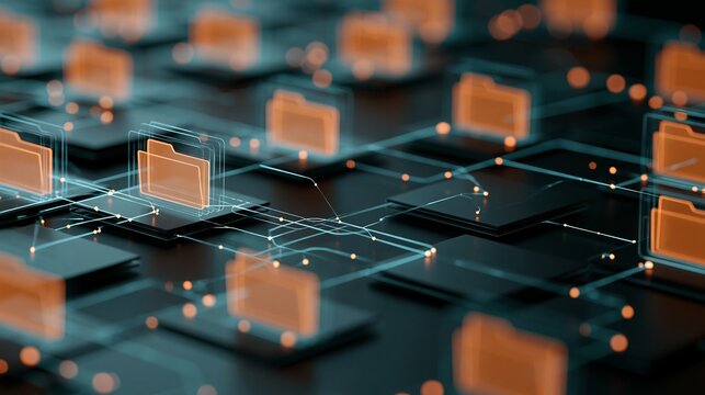 Glowing digital orange file folders connected by luminous cyan nodes in a sophisticated abstract network of complex technical information flow