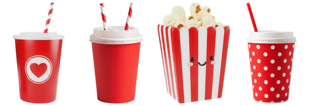 Collection of classic movie theater concession snacks, featuring a smiling popcorn bucket and various red soda cups.