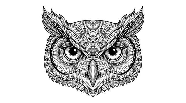Intricate mandala owl head vector, ornate zentangle bird illustration, black and white tribal owl face for coloring book