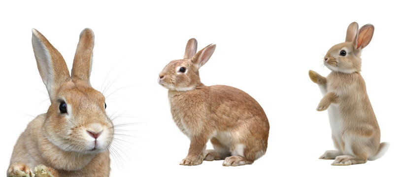 Charming collection of fluffy light brown rabbits in various playful poses, isolated on a transparent background.