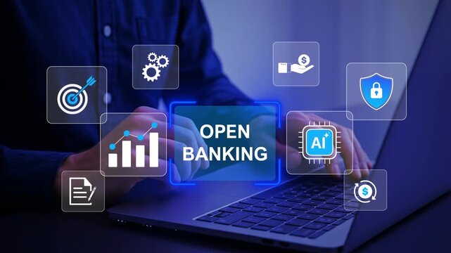 Open banking financial technology fintech concept. businessman use laptop with virtual screen of open banking icon. api financial technology, fintech.