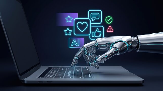 Futuristic robotic hand typing on laptop keyboard, artificial intelligence social media management, AI automation and digital marketing