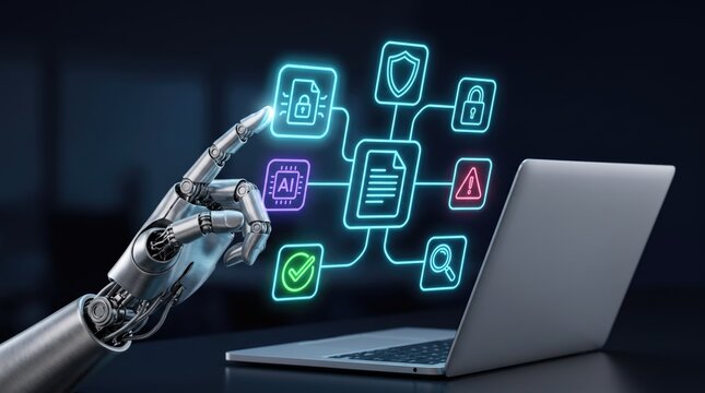 Robotic hand touching digital cybersecurity icons on laptop. AI data protection and network security concept. Futuristic automation technology.