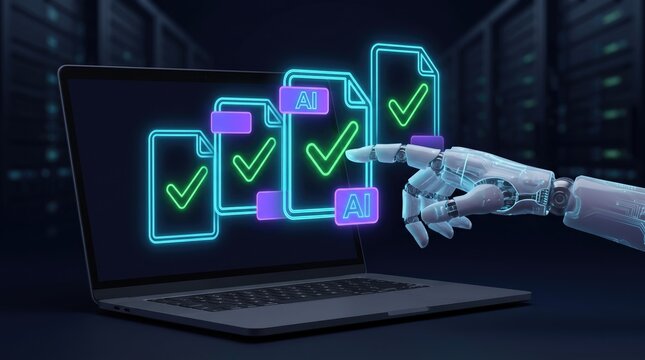 Artificial intelligence data processing, robotic hand touching neon AI file icons on laptop, digital document verification in server room