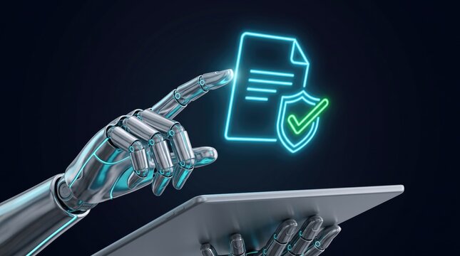 Robotic hand touching digital document icon, futuristic AI data security concept, cyber insurance and smart contract verification