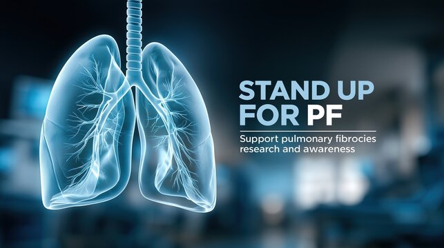 Banner,stylized glowing pair of lungs silhouette over a dark navy blurred hospital background,text "STAND UP FOR PF",subtext "Support pulmonary fibrosis research and awareness"