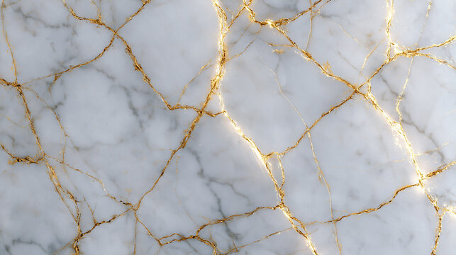 White Marble Texture with Glowing Gold Kintsugi Veins