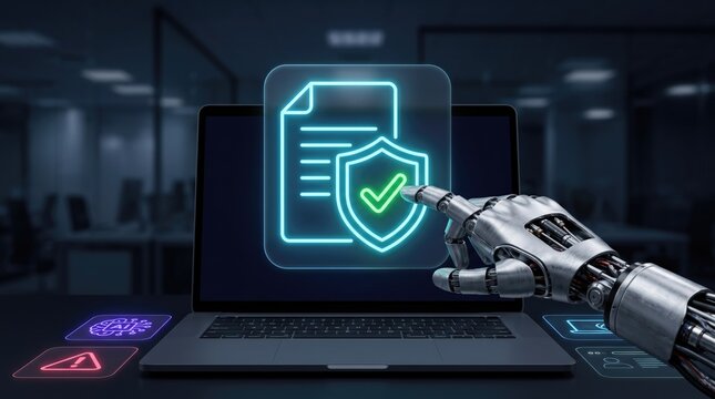 Cybersecurity data protection concept, robotic hand touching glowing shield icon on laptop, digital document security and AI safety