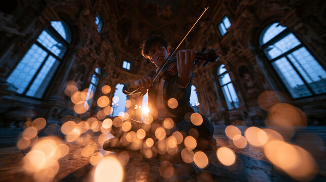 Violinist Playing Violin in Grand Ornate Hall