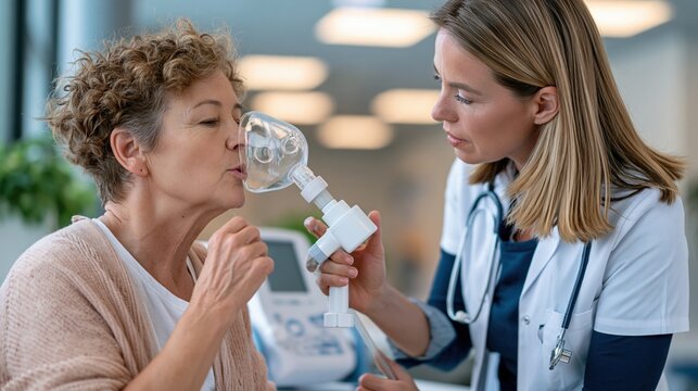 Pulmonary Fibrosis Awareness Month:a patient performing a spirometry breathing test with a nurse supervising, clear plastic mouthpiece and monitoring device in focus