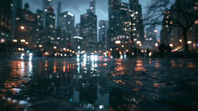 Rainy City Street at Night with Bokeh Reflections