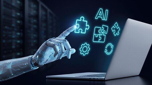 Artificial intelligence robot hand interacting with laptop, digital AI puzzle icons and glowing neon symbols, futuristic machine learning concept