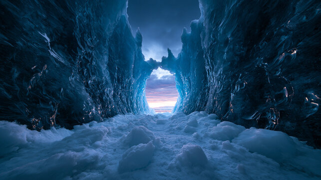 Dramatic Blue Ice Cave Tunnel Opening to Sky