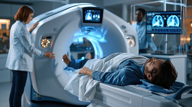 Pulmonary Fibrosis Awareness Month: Patient entering a CT scanner while a radiology technician monitors lung images behind a glass panel.