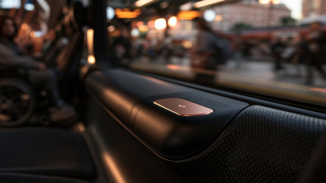 Modern Bus Interior Detail with Wireless Charging Spot at Dusk