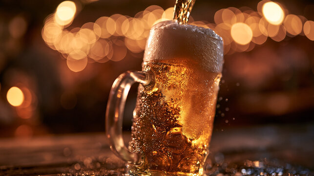 Pouring Cold Draft Beer into Glass Mug with Foam