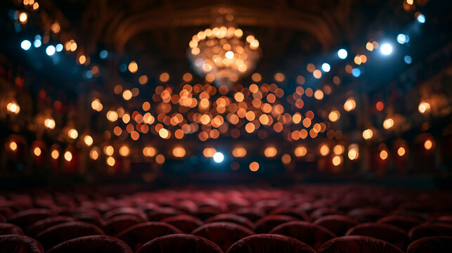 Blurred Theater Interior Background with Red Seats and Bokeh Lights