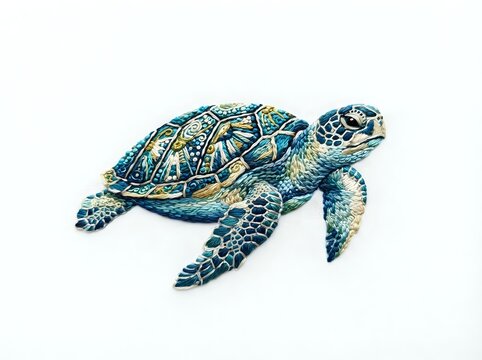 Sea turtle with intricate blue and golden shell patterns swimming