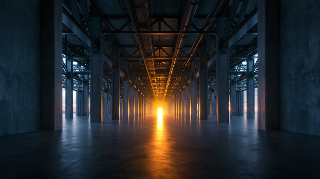 Empty Industrial Hallway with Glowing Light at the End