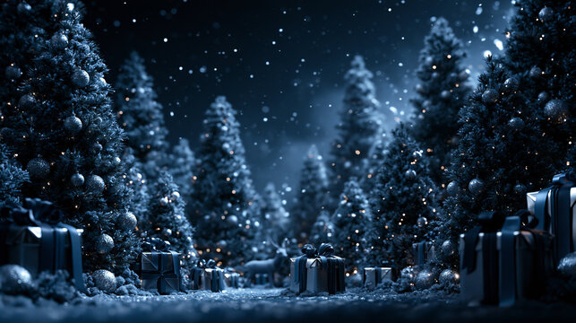 Magical Snowy Christmas Forest at Night with Presents