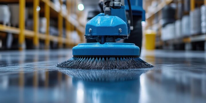 Close-up of a floor scrubber machine with a rotating brush cleaning a wet floor in an industrial setting.