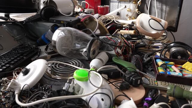 E-waste. Assorted electronic devices and accessories including cables, wires, adapters, headphones, keyboard and computer, Used old electronic components and household electronics