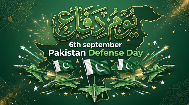  Pakistan Defence Day 6 September Patriotic Urdu Calligraphy with Flags and Ornamental Foliage