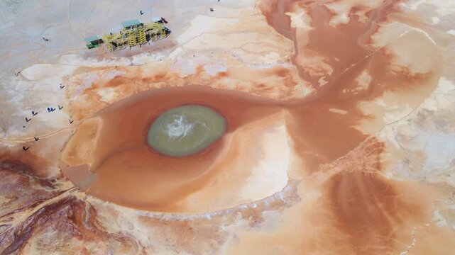 Aerial View of Aikeng Spring "Eye of the Devil" in Mangya, Qinghai: Geothermal Spring, Eye of the Earth, Sulfur Crust and Desert Landscape