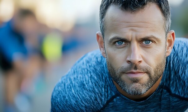 Middle-aged Caucasian male athlete in blue shirt training outdoors