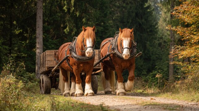 Two powerful chestnut draft horses pulling a wooden wagon on a dirt path through the woods