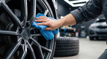 Fototapeta premium A person wipes a car wheel using a blue cloth in a workshop. Surrounding are tools and other vehicles visible in the background. The scene takes place during daytime